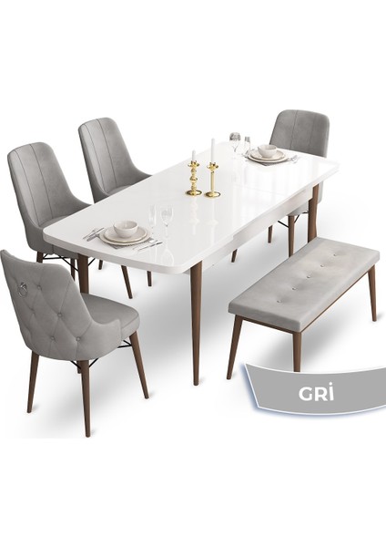 Concept Taç Serisi 80 x 132 cm Beyaz Masa Ceviz Ayak Yemek Masası Takımı 4 Sandalye Gümüş Halkalı ve 1 Bench