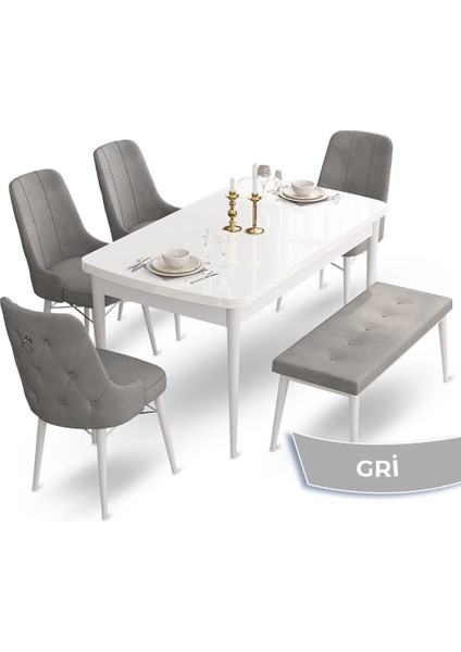 Concept Taç Serisi 80 x 132 cm Beyaz Mutfak Masa Takımı 4 Sandalye Gümüş Halkalı ve 1 Bench