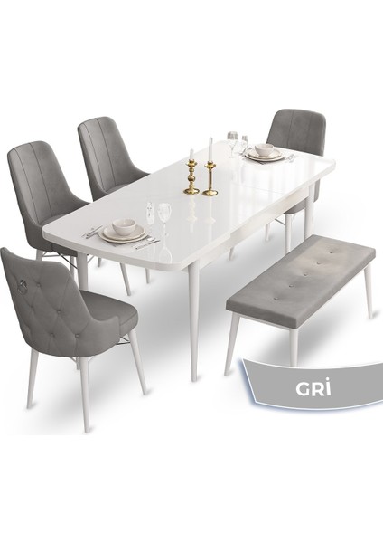 Concept Taç Serisi 80 x 132 cm Beyaz Mutfak Masa Takımı 4 Sandalye Gümüş Halkalı ve 1 Bench