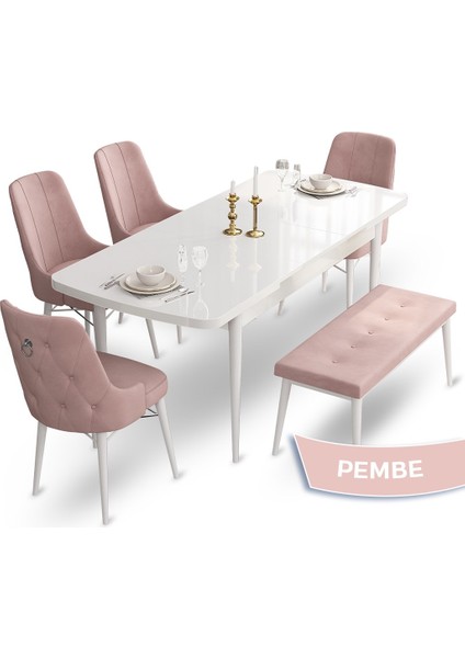 Concept Taç Serisi 80 x 132 cm Beyaz Mutfak Masa Takımı 4 Sandalye Gümüş Halkalı ve 1 Bench fiyatları