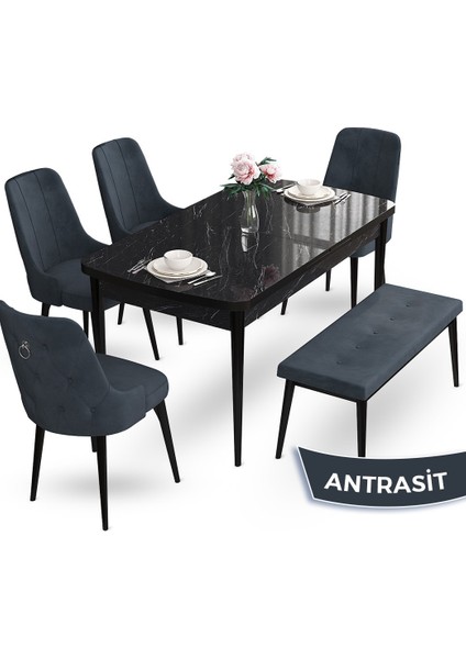 Concept Nev Serisi 80 x 132 cm Siyah Mermer Desen Masa Takımı 4 Sandalye Gümüş Halkalı 1 Bench