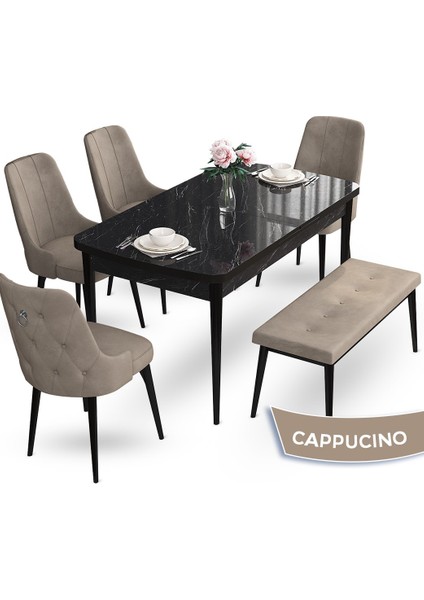 Concept Nev Serisi 80 x 132 cm Siyah Mermer Desen Masa Takımı 4 Sandalye Gümüş Halkalı 1 Bench