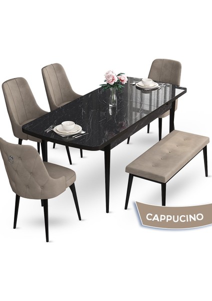 Concept Nev Serisi 80 x 132 cm Siyah Mermer Desen Masa Takımı 4 Sandalye Gümüş Halkalı 1 Bench fiyatları