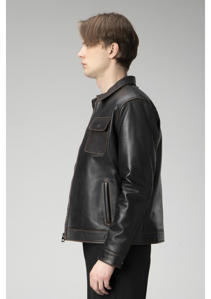 WM218 Deri Erkek Mont Düz Desenli Uzun Kollu Kısa Boy 2021 Sonbahar-Kış