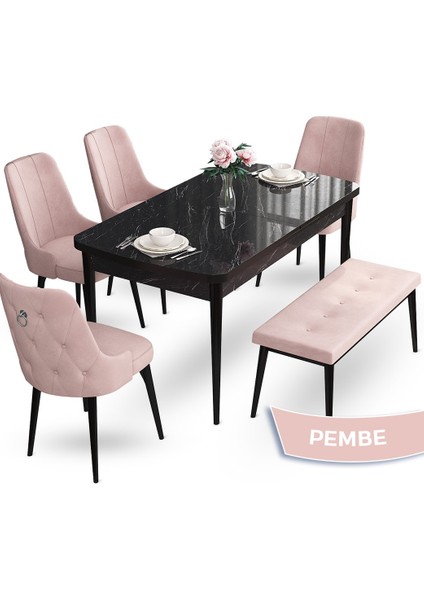 Concept Nev Serisi 80 x 132 cm Siyah Mermer Desen Masa Takımı 4 Sandalye Gümüş Halkalı 1 Bench