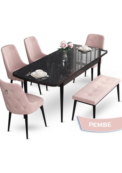 Concept Nev Serisi 80 x 132 cm Siyah Mermer Desen Masa Takımı 4 Sandalye Gümüş Halkalı 1 Bench fiyatları