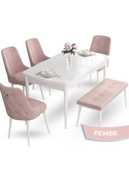 Concept Nev Serisi 80 x 132 cm Açılabilir Beyaz Mutfak Masa Takımı 4 Sandalye Gümüş Halkalı 1 Bench