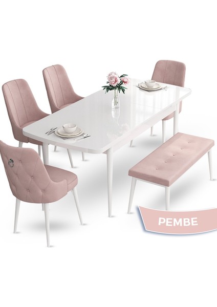 Concept Nev Serisi 80 x 132 cm Açılabilir Beyaz Mutfak Masa Takımı 4 Sandalye Gümüş Halkalı 1 Bench fiyatları