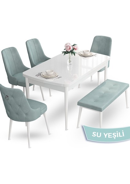 Concept Nev Serisi 80 x 132 cm Açılabilir Beyaz Mutfak Masa Takımı 4 Sandalye Gümüş Halkalı 1 Bench