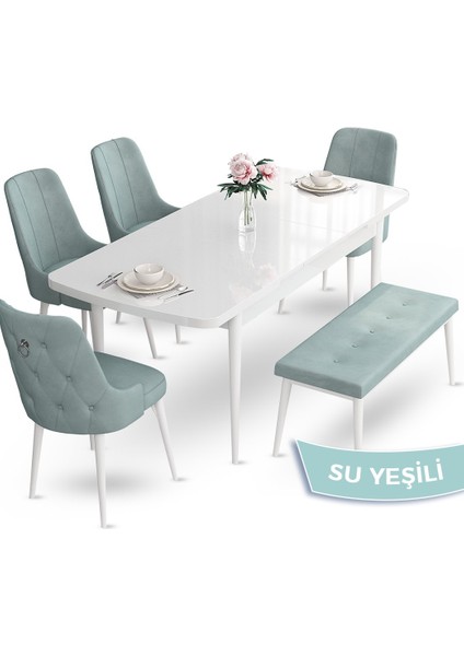 Concept Nev Serisi 80 x 132 cm Açılabilir Beyaz Mutfak Masa Takımı 4 Sandalye Gümüş Halkalı 1 Bench fiyatları