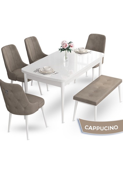 Concept Nev Serisi 80 x 132 cm Açılabilir Beyaz Mutfak Masa Takımı 4 Sandalye Gümüş Halkalı 1 Bench
