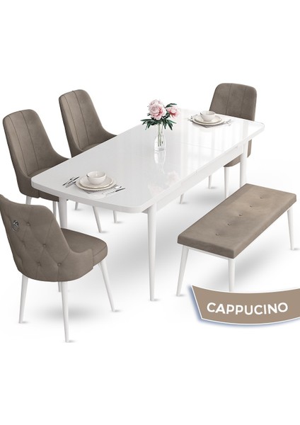 Concept Nev Serisi 80 x 132 cm Açılabilir Beyaz Mutfak Masa Takımı 4 Sandalye Gümüş Halkalı 1 Bench fiyatları
