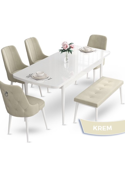 Concept Nev Serisi 80 x 132 cm Açılabilir Beyaz Mutfak Masa Takımı 4 Sandalye Gümüş Halkalı 1 Bench