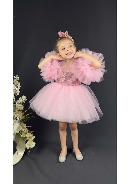 Mnk Baby Şifon Robalı Ponpon Kol Pul Payetli Kız Çocuk Kabarık Etek Tütülü Abiye indirimleri