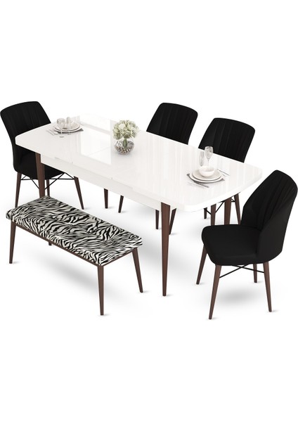 Concept Aya Serisi, 80X132 Beyaz Masa Ceviz Ayak Mutfak Masa Takımı, 4 Sandalye 1 Bench fiyatları