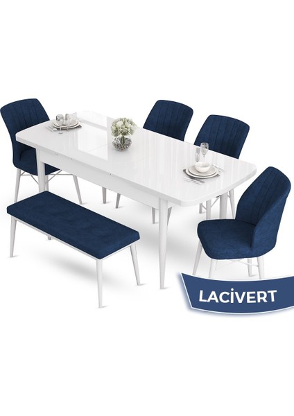 Concept Aya Serisi, 80X132 Açılabilir Beyaz Mutfak Masa Takımı, 4 Sandalye 1 Bench