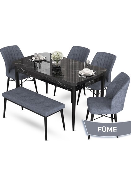 Concept Aya Serisi, 80X132 Açılabilir Siyah Mermer Desen Mutfak Masa Takımı, 4 Sandalye 1 Bench