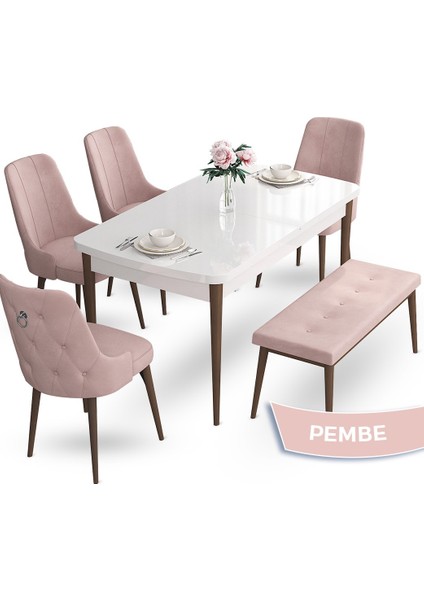 Concept Nev Serisi, 80X132 Beyaz Masa Ceviz Ayak Masa Takımı, 4 Sandalye Gümüş Halkalı 1 Bench
