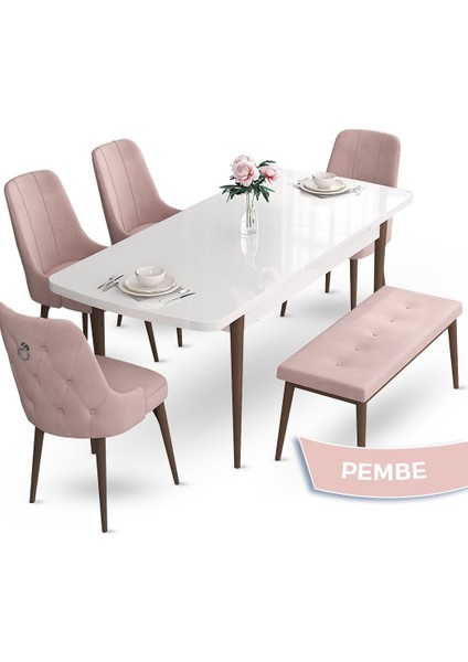 Concept Nev Serisi, 80X132 Beyaz Masa Ceviz Ayak Masa Takımı, 4 Sandalye Gümüş Halkalı 1 Bench fiyatları