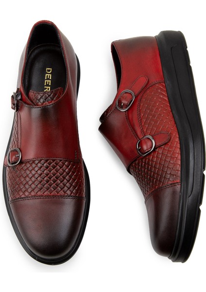 Deri Bordo Comfort Çift Tokalı Günlük Erkek Ayakkabı fırsatları