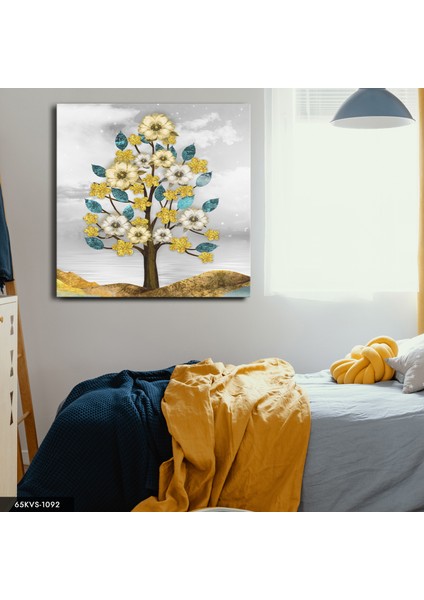 Gold Yapraklı Ağaç Tek Parça Kare 65X65 cm Kanvas - Canvas Tablo