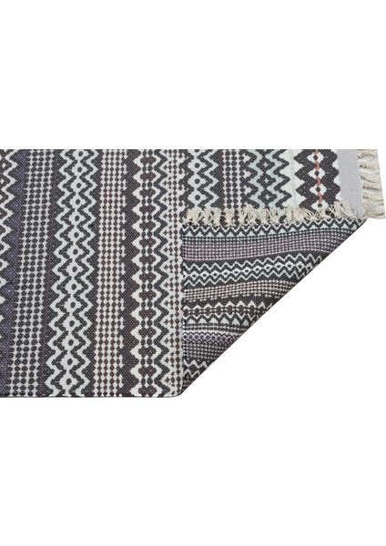 Cotton 3209 Alr Siyah Beyaz Etnik Saçaklı Kilim