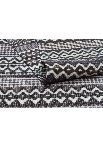 Cotton 3209 Alr Siyah Beyaz Etnik Saçaklı Kilim