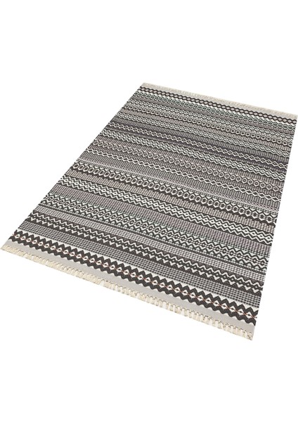 Cotton 3209 Alr Siyah Beyaz Etnik Saçaklı Kilim