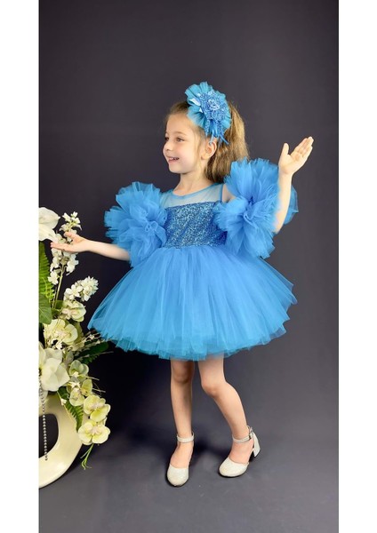 Mnk Baby Şifon Robalı Ponpon Kol Pul Payetli Kız Çocuk Kabarık Etek Tütülü Abiye fırsatları