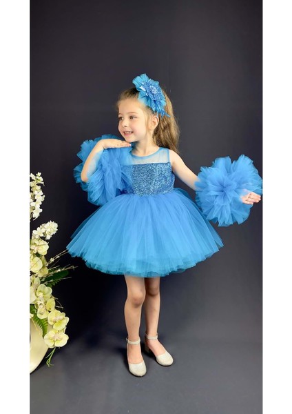 Mnk Baby Şifon Robalı Ponpon Kol Pul Payetli Kız Çocuk Kabarık Etek Tütülü Abiye indirimleri