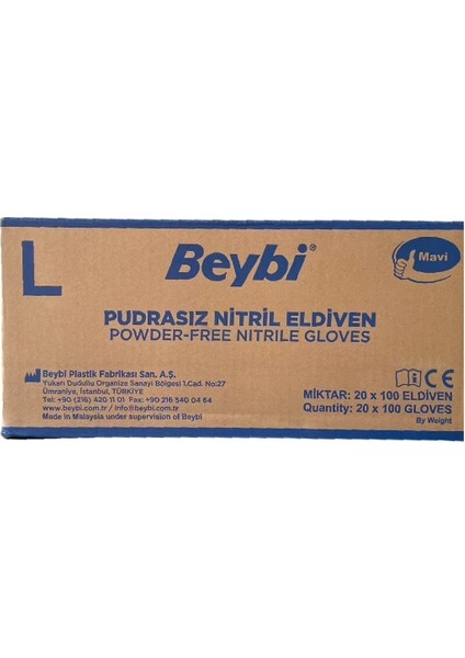 Mavi Nitril Eldiven Pudrasız (L) 20 Pk x 100 Adet (Koli)