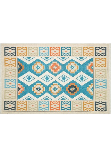 rustik 4035 Etnik ve Geometrik Turkuaz Kilim