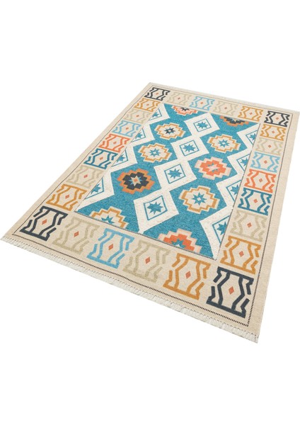 rustik 4035 Etnik ve Geometrik Turkuaz Kilim