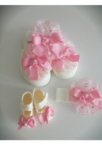 Pembe Güpürlü Fiyonklu Bebek Patikli Lohusa Terlik Taç Takımı