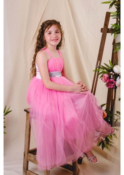 Sırt Gipeli Tüllü Kız Çocuk Saten Abiye