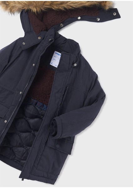 Erkek Çocuk Kürk Kapşonlu Uzun Boy Parka Mont