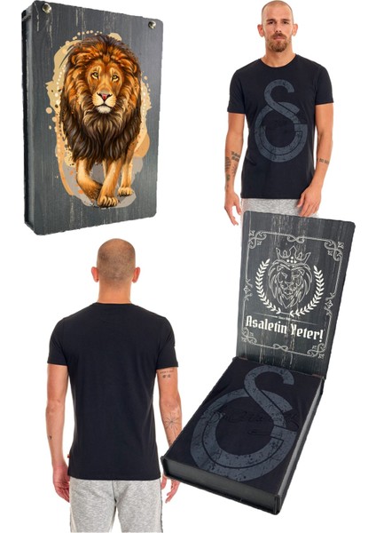 Orijinal Ata Imza T-Shirt Siyah Özel Tasarım Aslan Baskılı Ahşap Kutulu