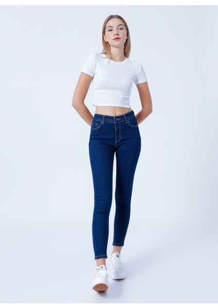 Yüksek Bel Dar Paça Skinny Fit Koyu Mavi Kadın Denim Pantolon 22K0565K1
