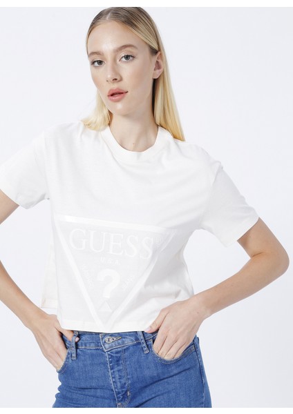 Bisiklet Yaka Baskılı Krem Kadın T-Shirt V2YI06K8HM0-ADELE Crop T-Shırt