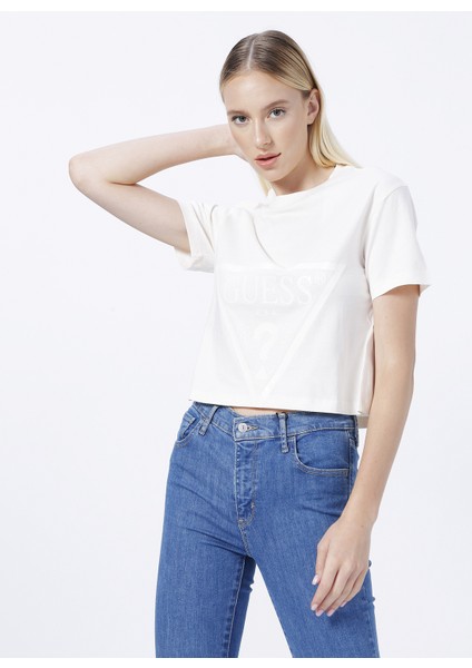 Bisiklet Yaka Baskılı Krem Kadın T-Shirt V2YI06K8HM0-ADELE Crop T-Shırt modelleri