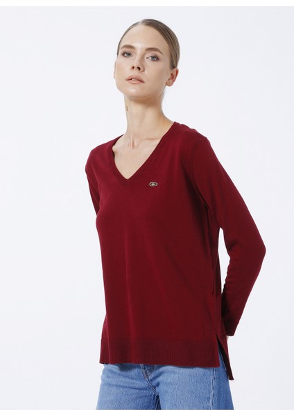 V Yaka Kırmızı Kadın Kazak ORINAV-SK22