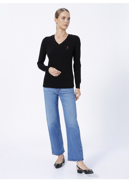 V Yaka Düz Siyah Kadın Kazak GTD02-BSK22