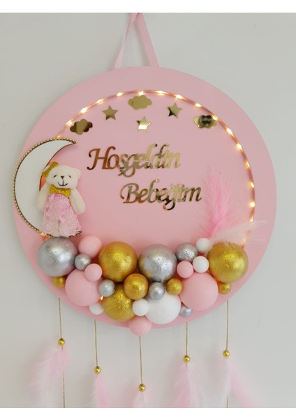 HD Different Kapı Süsü Ledli Bubble Ayıcıklı  Ahşap Bulut Pano