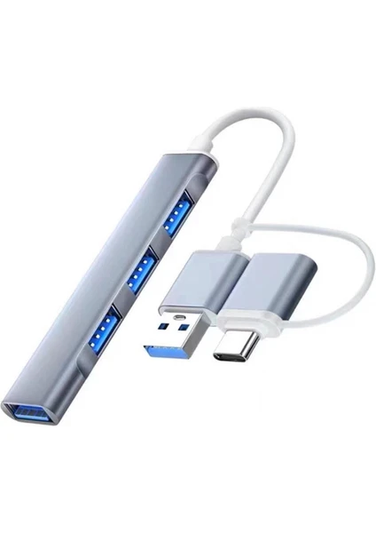 A-806 4 In 1 Type-C + USB Girişli USB 3.0 Çoğaltıcı Hub Adaptör Çevirici