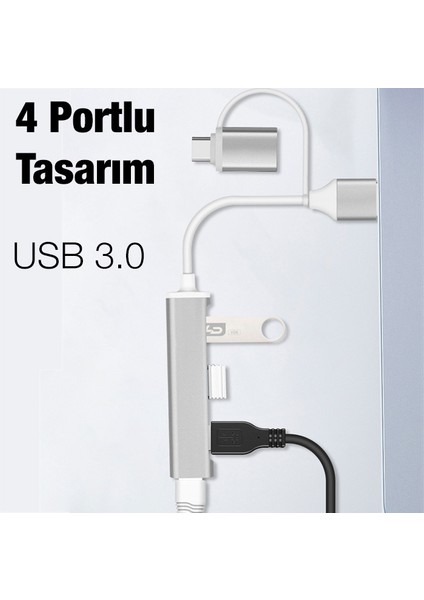 A-806 4 In 1 Type-C + USB Girişli USB 3.0 Çoğaltıcı Hub Adaptör Çevirici