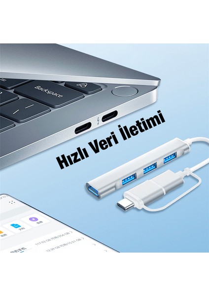 A-806 4 In 1 Type-C + USB Girişli USB 3.0 Çoğaltıcı Hub Adaptör Çevirici