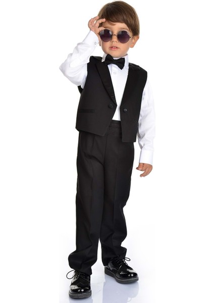 Saten Yaka Kuşaklı Yelekli Erkek Çocuk Takım