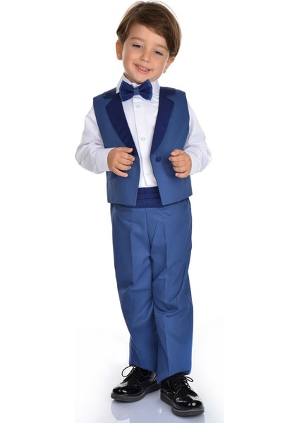 Saten Yaka Kuşaklı Yelekli Erkek Çocuk Takım