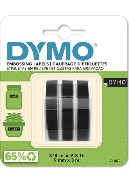 Dymo 3D Plastik Kabartma Şerit (9 mm x 3 Mt), 3'lü Paket, Siyah - S0847730