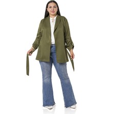 Disentis Modest Büyük Beden Şal Yaka Kendinden Kuşaklı Katlamalı Kollu Haki Ceket